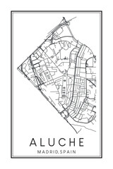 Hand drawn printable downtown road map poster of borough ALUCHE of the Spanish city of MADRID on solid white background with city name