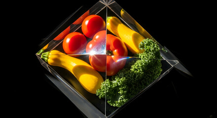 Refraction of Fresh Vegetables Through a Crystal Prism on Black Backdrop