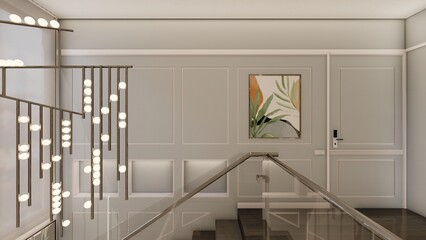 Modern stairwell interior space with wainscoting chandelier niches and Contemporary wall art