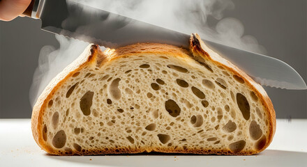 Slicing Freshly Baked Sourdough Bread In A Minimalist Setup Still Life