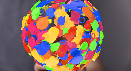 Abstract 3D rendering of colorful speech bubbles forming a sphere.  Perfect for communication,...
