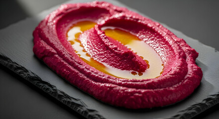 Vibrant Beet Hummus Garnished with Olive Oil on a Dark Serving Plate