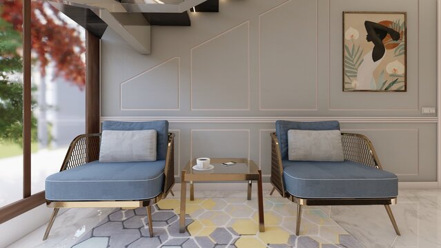 Modern under Stair Lounge with blue armchairs glass coffee table and wall art
