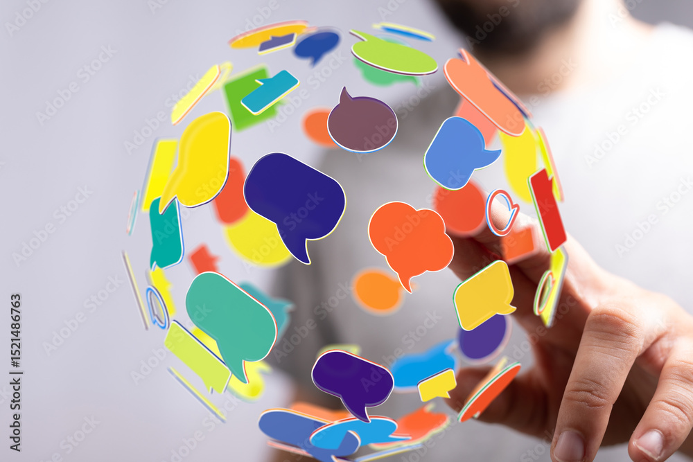 Poster Abstract image of colorful speech bubbles forming a sphere, representing global communication and networking.