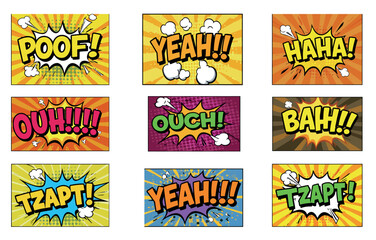 Colorful comic book sound effects design for pop art and graphic posters vector illustration