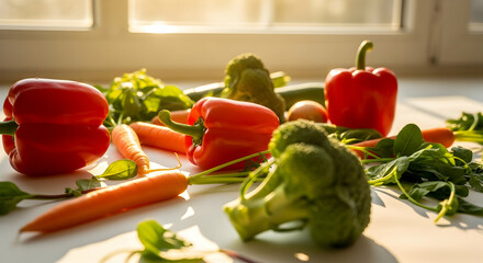 Fresh Harvest: Vivid Display of Raw Vegetables Illuminated by Natural Sunlight