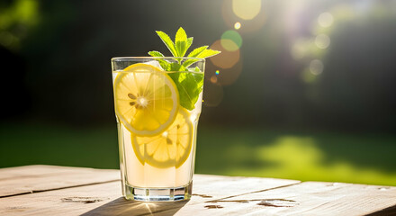 Refreshing Lemonade With Mint Served Outdoor On Sunny Day Summer Time