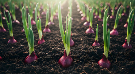 Rows Of Onions Sprouting In Rich Soil Under Sunlight At Agriculture Field