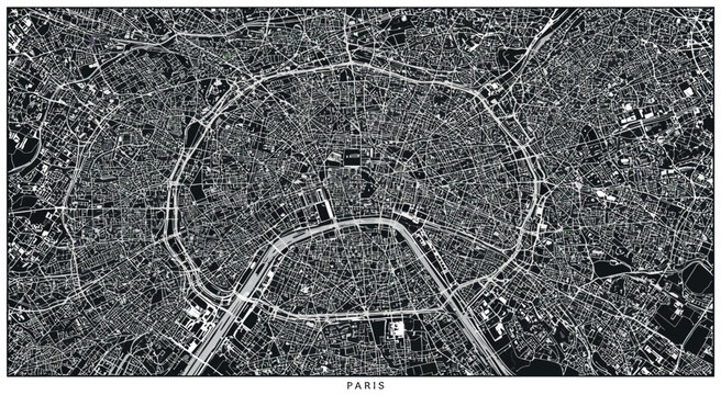 Detailed black and white map of paris with streets and landmarks vector illustration