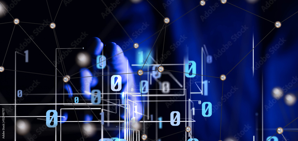 Poster Global network. Blockchain. 3D illustration. Neural networks and artificial intelligence. Abstract
