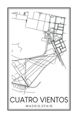 Hand drawn printable downtown road map poster of borough CUATRO VIENTOS of the Spanish city of MADRID on solid white background with city name