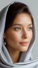 Portrait of a Young Woman in a Silver Abaya with a Thoughtful Expression and Soft Lighting on a Neutral Background