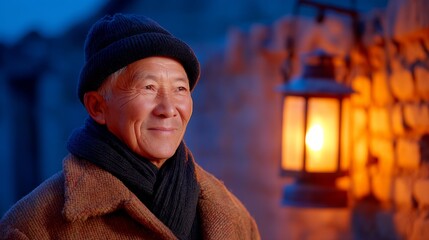 Portrait of an Elderly Man Smiling Warmly Under Lantern Light During Dusk