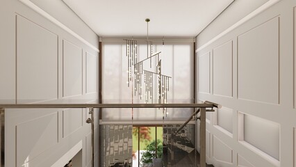 Vintage style staircase landing with wainscoting walls modern pendant chandelier and large window