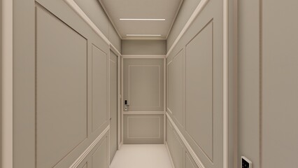 Vintage wainscoting wall paneling and minimalist Door with digital Lock in neutral toned Interior hallway