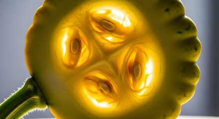 Illuminated Interior: Cross Section View of a Yellow Pattypan Squash