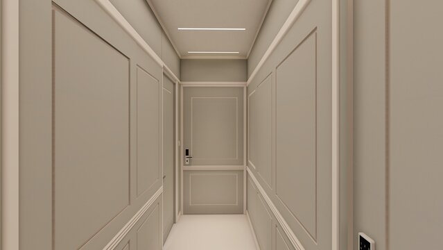 Vintage wainscoting wall paneling and minimalist Door with digital Lock in neutral toned Interior hallway