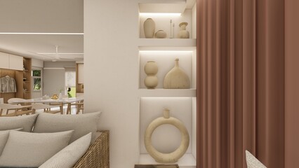 Wabi Sabi Style Niche of a living space with ceramic vessels decoration