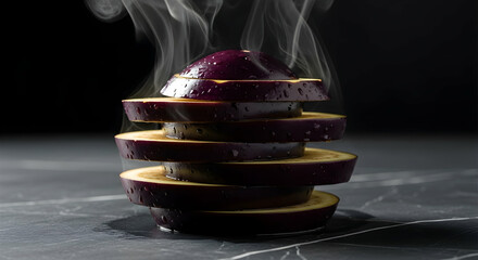 Steaming Sliced Eggplant Stack On A Black Marble Surface Close-Up