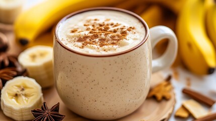 Creamy Banana Smoothie in a Mug with Cinnamon and Fresh Fruit