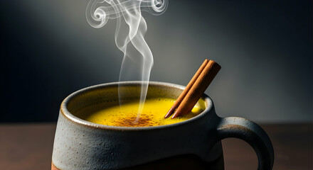 Steaming Cup Of Golden Milk With Cinnamon Stick Aromatherapy