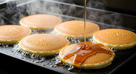 Golden Pancakes Being Drizzled With Syrup on a Hot Griddle