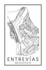 Hand drawn printable downtown road map poster of borough ENTREVÍAS of the Spanish city of MADRID on solid white background with city name