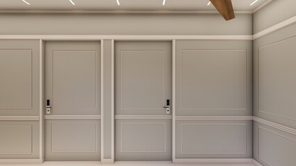 Classic wainscoting wall paneling and minimalist Doors with Digital Locks in neutral toned Interior hallway