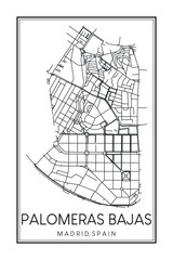 Hand drawn printable downtown road map poster of borough PALOMERAS BAJAS of the Spanish city of MADRID on solid white background with city name