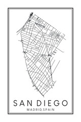Hand drawn printable downtown road map poster of borough SAN DIEGO of the Spanish city of MADRID on solid white background with city name