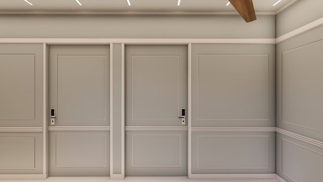 Classic wainscoting wall paneling and minimalist Doors with Digital Locks in neutral toned Interior hallway