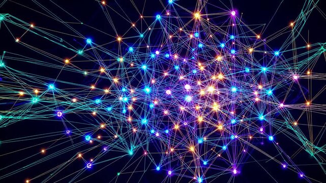 Top-down view of a digital network with glowing nodes and lines, resembling a neural network, ideal for a tech-themed video background. Live desktop wallpaper.