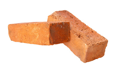 Side view of two cracked old red or orange bricks in stack isolated with clipping path in png file format