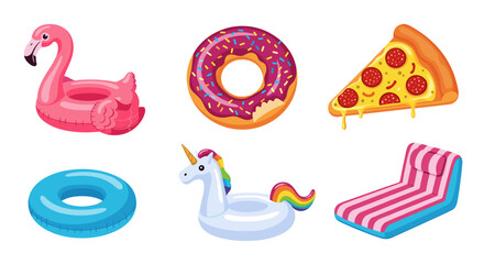 Illustration of six inflatable pool floats including flamingo donut pizza and unicorn shapes isolated