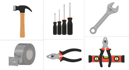 Illustration of a hammer screwdrivers adjustable wrench duct tape pliers and level on a white background