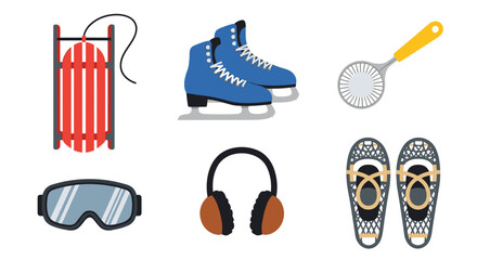 Illustration of winter sports equipment including a sled skates snowshoes and safety gear for outdoor fun