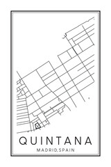 Hand drawn printable downtown road map poster of borough QUINTANA of the Spanish city of MADRID on solid white background with city name