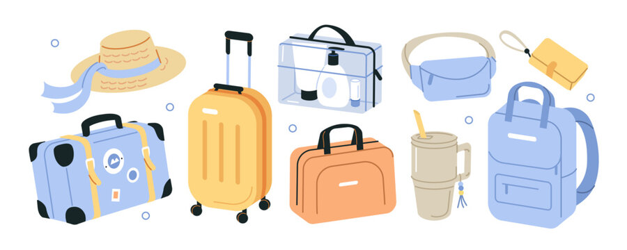 Summer stickers set. Types of baggage for airport collection. Rucksack, suitcase, briefcase and other travel bags, hand luggage and elements. Modern cartoon concept. Vector illustration.