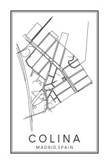Hand drawn printable downtown road map poster of borough COLINA of the Spanish city of MADRID on solid white background with city name
