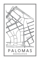 Hand drawn printable downtown road map poster of borough PALOMAS of the Spanish city of MADRID on solid white background with city name