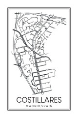 Hand drawn printable downtown road map poster of borough COSTILLARES of the Spanish city of MADRID on solid white background with city name