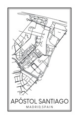 Hand drawn printable downtown road map poster of borough APÓSTOL SANTIAGO of the Spanish city of MADRID on solid white background with city name