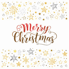 Vector greeting card with stars and sparkles in line style - merry christmas hand-lettering with line shapes and forms, horizontal banner and background, happy holidays, happy new year