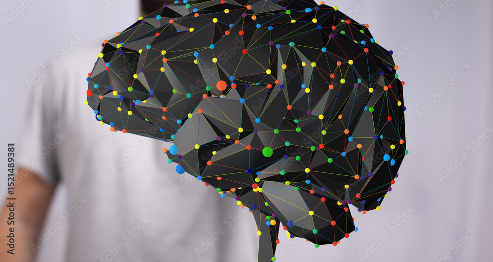 Fototapete Stock photo of a 3D brain model with colorful nodes and connections, representing neural networks and AI.