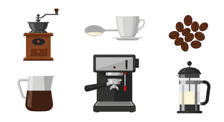 Illustration of various coffee preparation methods and tools arranged on a white background