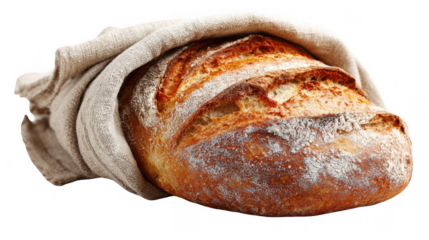 Golden brown crust and rustic texture of a freshly baked loaf of bread partially covered by a linen cloth, inviting viewers to savor its wholesome goodness against a transparent background