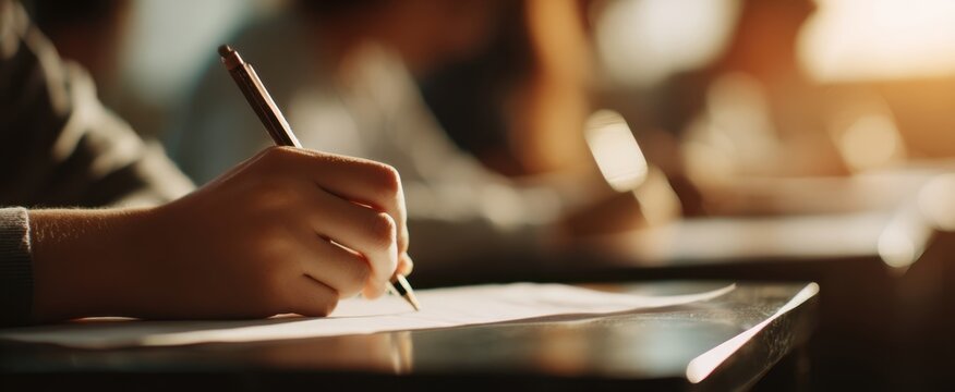 The Student Writing Thoughtfully During an Important Exam in a Classroom Setting