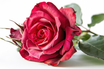Fototapeta premium A close-up of a vibrant pink rose with lush green leaves against a soft white background, symbolizing elegance.