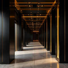Fototapeta premium A luxurious, long, and narrow corridor with dark, polished walls accented by glowing golden vertical lights, leading to a distant vanishing point.