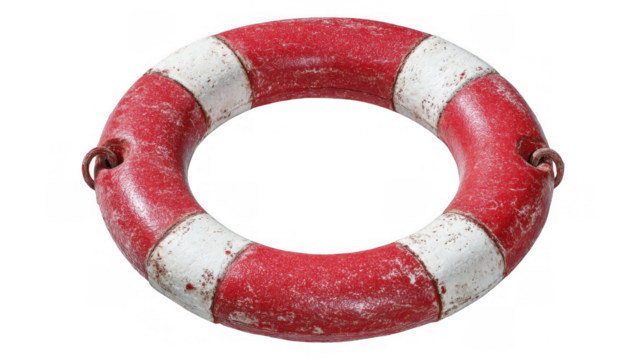 Red and white lifebuoy hanging with faded and worn paint from sun on a transparent background, showing signs of age and wear, suggesting a maritime safety concept with a vintage feel - Powered by Adobe